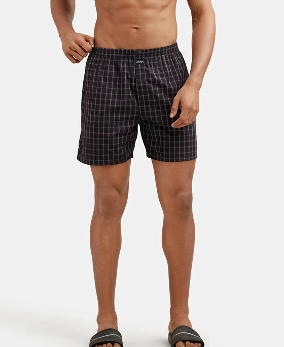 Super Combed Mercerized Cotton Woven Checkered Boxer Shorts with Side Pocket - Black & Navy(Pack of 2)