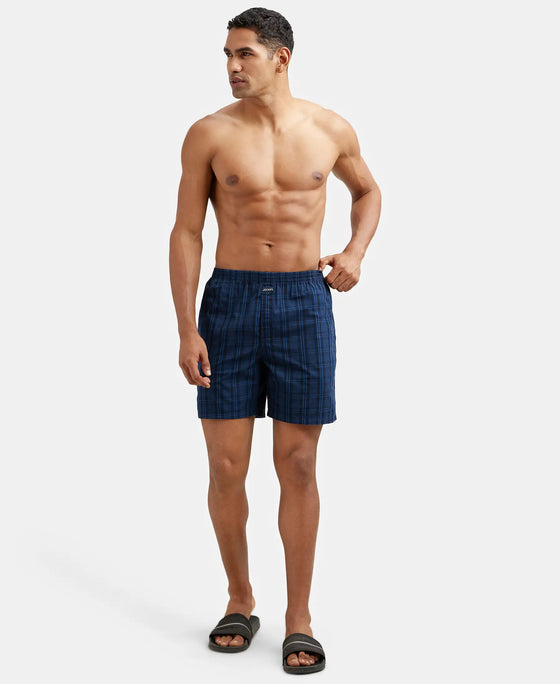 Super Combed Mercerized Cotton Woven Checkered Boxer Shorts with Side Pocket - Black & Navy(Pack of 2)