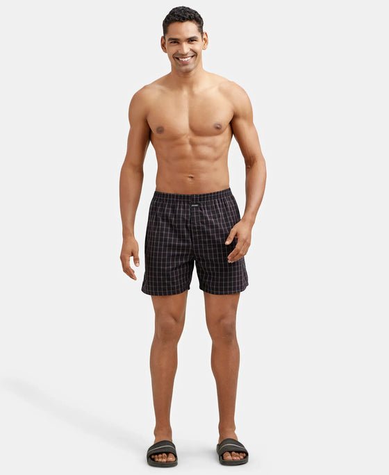 Super Combed Mercerized Cotton Woven Checkered Boxer Shorts with Side Pocket - Black & Navy(Pack of 2)