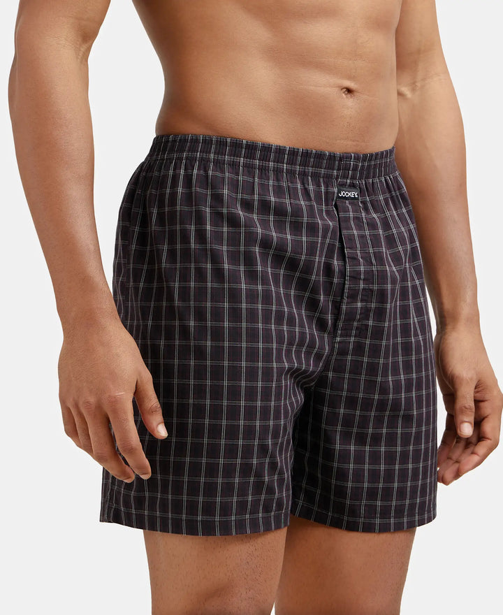 Super Combed Mercerized Cotton Woven Checkered Boxer Shorts with Side Pocket - Black & Navy(Pack of 2)