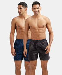 Super Combed Mercerized Cotton Woven Checkered Boxer Shorts with Side Pocket - Black & Navy(Pack of 2)