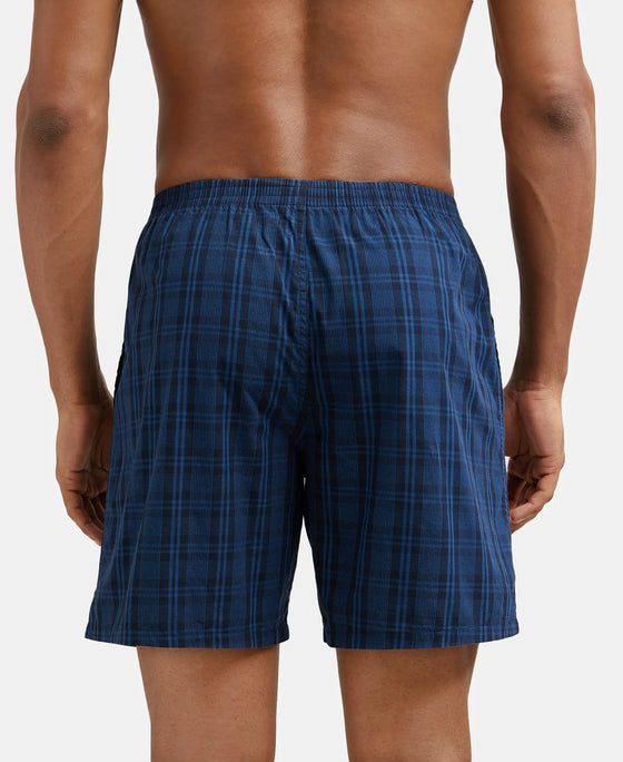 Super Combed Mercerized Cotton Woven Checkered Boxer Shorts with Side Pocket - Black & Navy(Pack of 2)