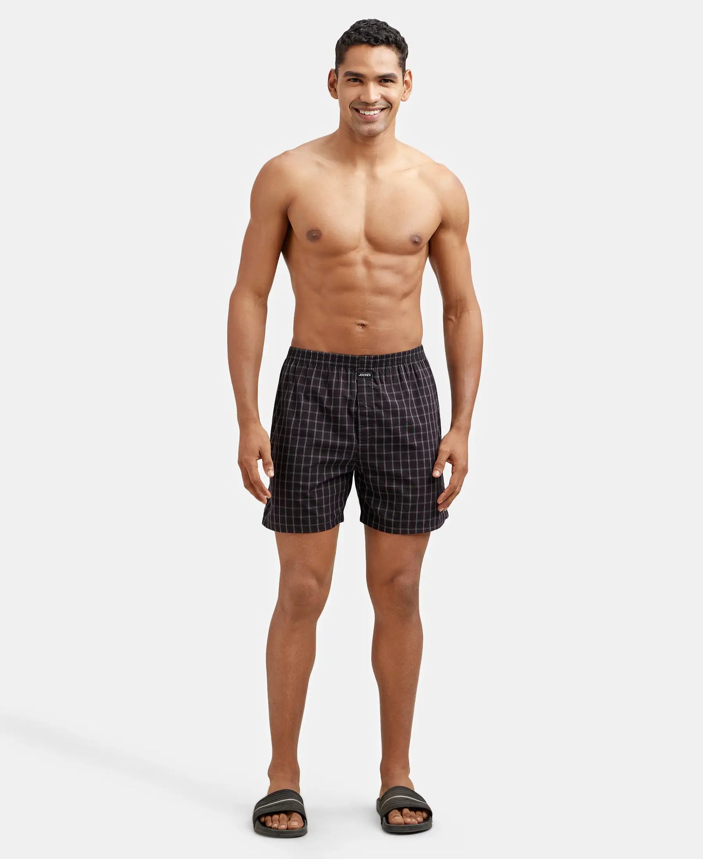 Super Combed Mercerized Cotton Woven Checkered Boxer Shorts with Side Pocket - Black & Navy(Pack of 2)