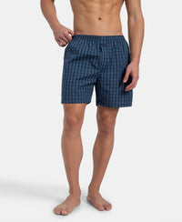 Super Combed Mercerized Cotton Woven Checkered Boxer Shorts with Side Pocket - Navy & Blue Shadow New (Pack of 2)