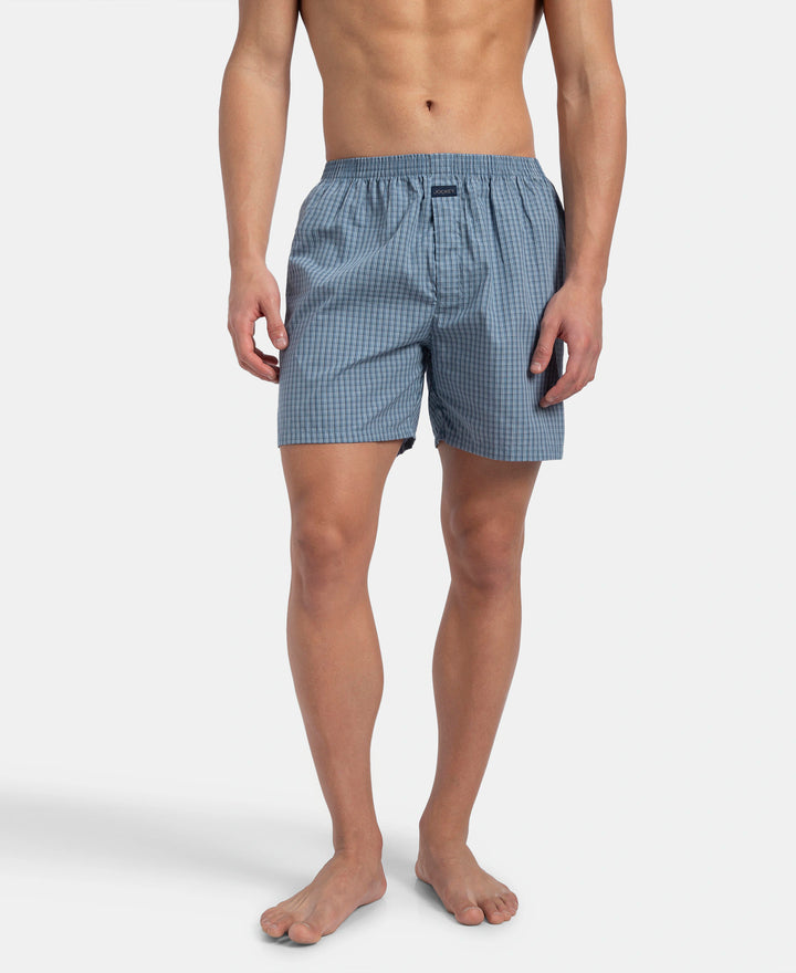 Super Combed Mercerized Cotton Woven Checkered Boxer Shorts with Side Pocket - Navy & Blue Shadow New (Pack of 2)