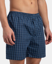 Super Combed Mercerized Cotton Woven Checkered Boxer Shorts with Side Pocket - Navy & Blue Shadow New (Pack of 2)