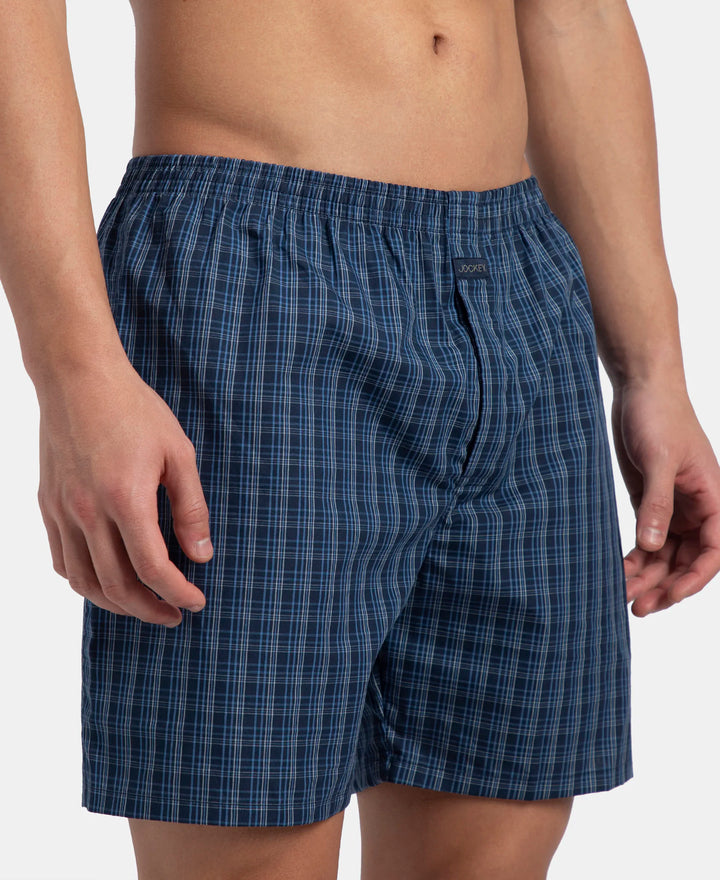 Super Combed Mercerized Cotton Woven Checkered Boxer Shorts with Side Pocket - Navy & Blue Shadow New (Pack of 2)