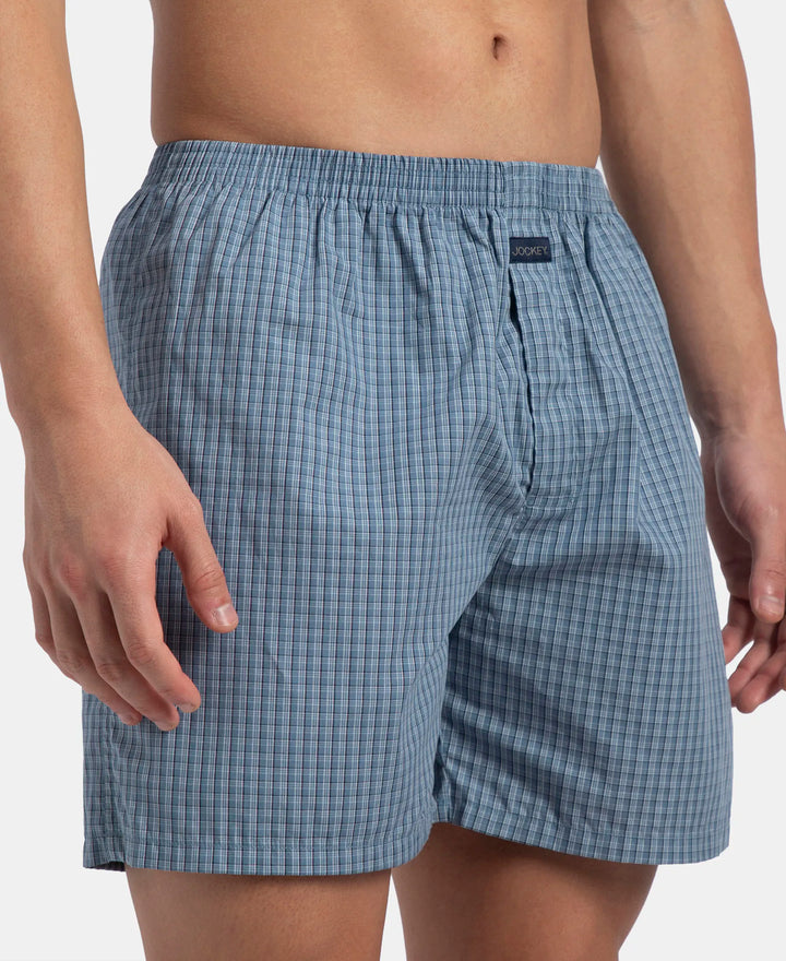 Super Combed Mercerized Cotton Woven Checkered Boxer Shorts with Side Pocket - Navy & Blue Shadow New (Pack of 2)