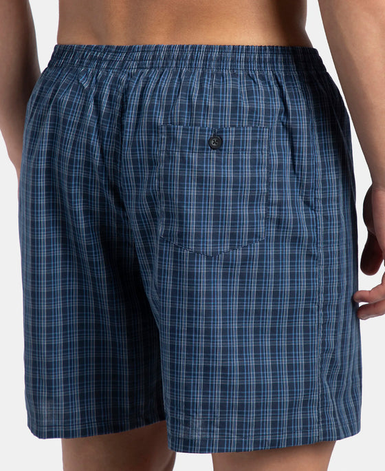 Super Combed Mercerized Cotton Woven Checkered Boxer Shorts with Side Pocket - Navy & Blue Shadow New (Pack of 2)