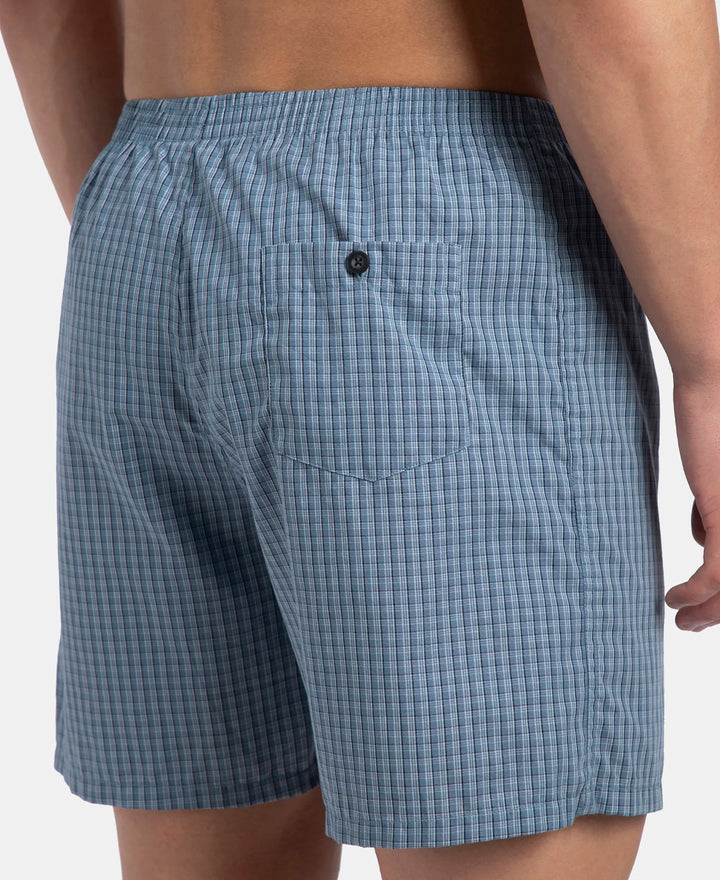 Super Combed Mercerized Cotton Woven Checkered Boxer Shorts with Side Pocket - Navy & Blue Shadow New (Pack of 2)