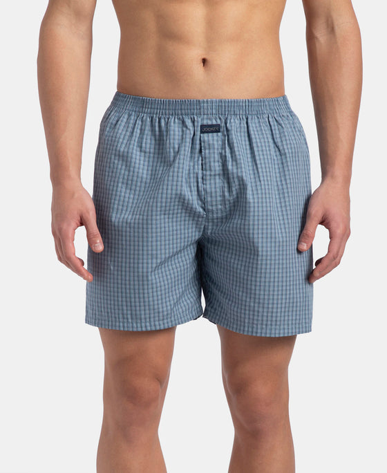 Super Combed Mercerized Cotton Woven Checkered Boxer Shorts with Side Pocket - Navy & Blue Shadow New (Pack of 2)