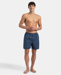 Super Combed Mercerized Cotton Woven Checkered Boxer Shorts with Side Pocket - Navy & Blue Shadow New (Pack of 2)