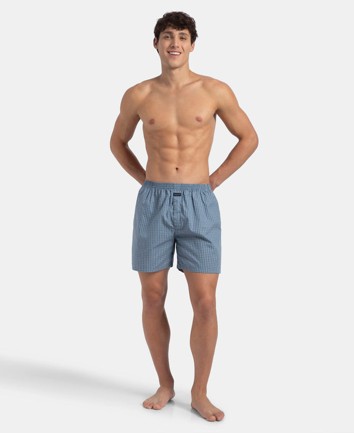 Super Combed Mercerized Cotton Woven Checkered Boxer Shorts with Side Pocket - Navy & Blue Shadow New (Pack of 2)