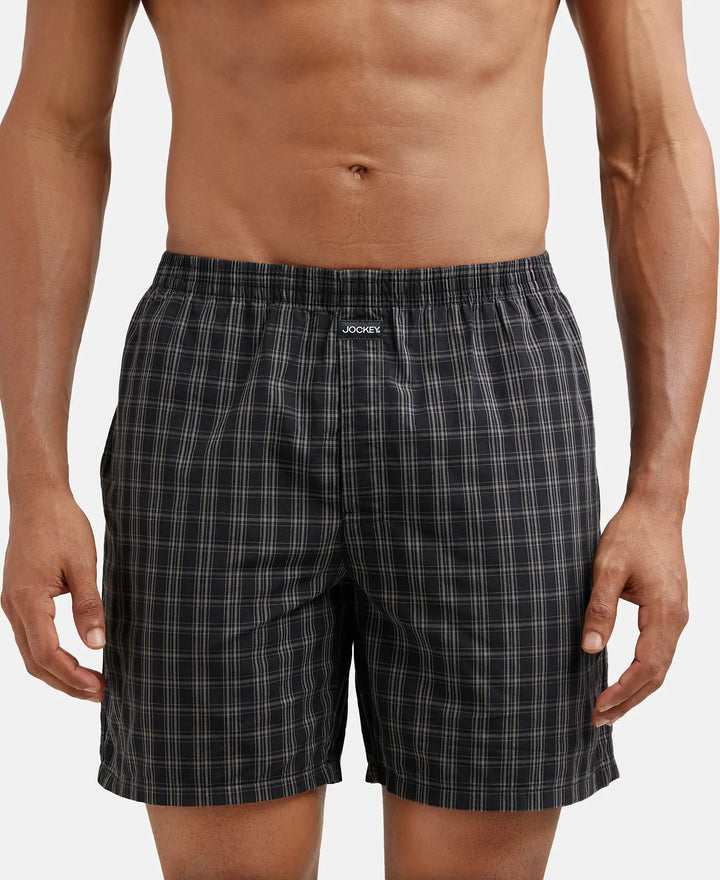 Super Combed Mercerized Cotton Woven Checkered Boxer Shorts with Side Pocket - Navy & Black(Pack of 2)