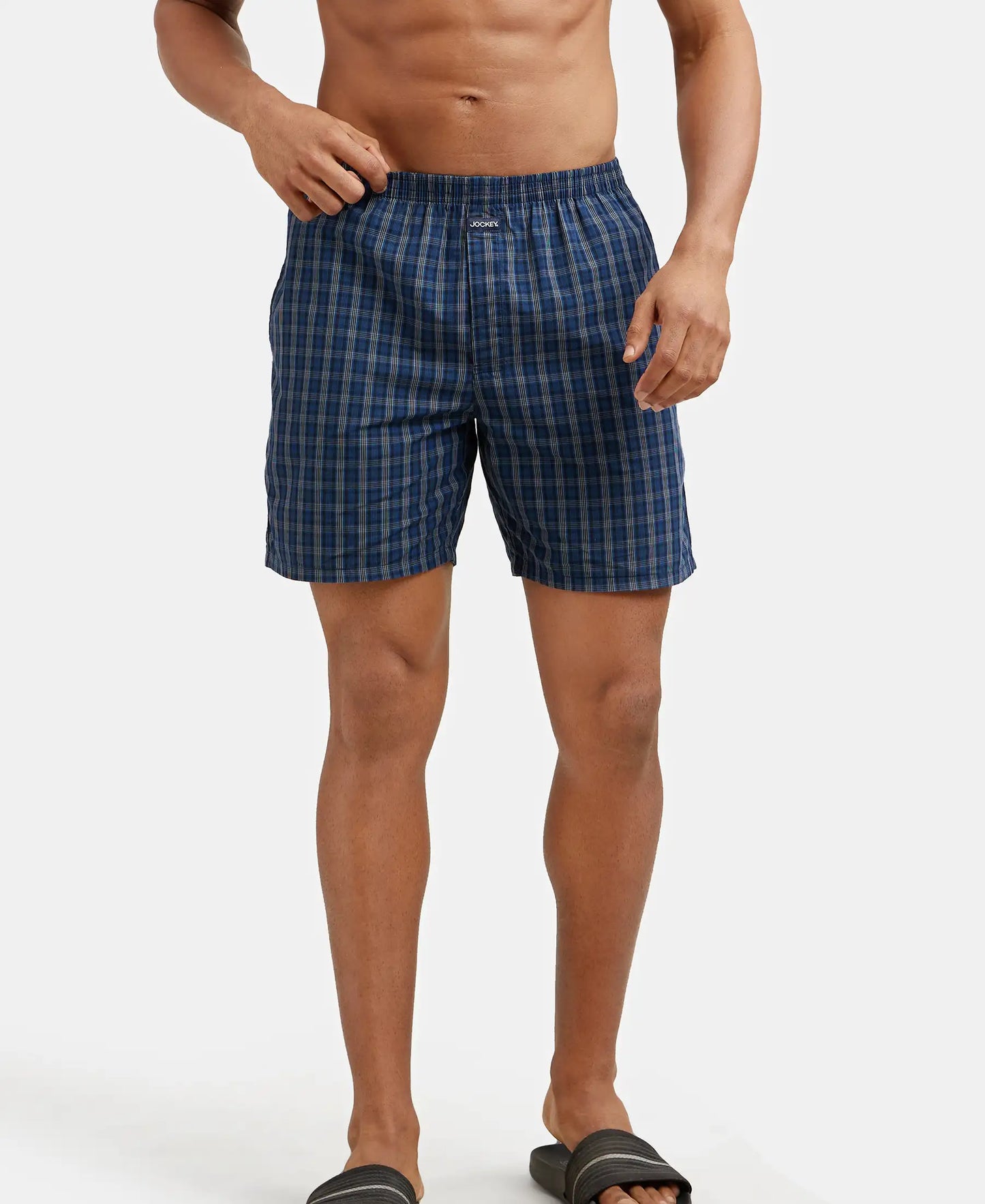 Super Combed Mercerized Cotton Woven Checkered Boxer Shorts with Side Pocket - Navy & Black(Pack of 2)