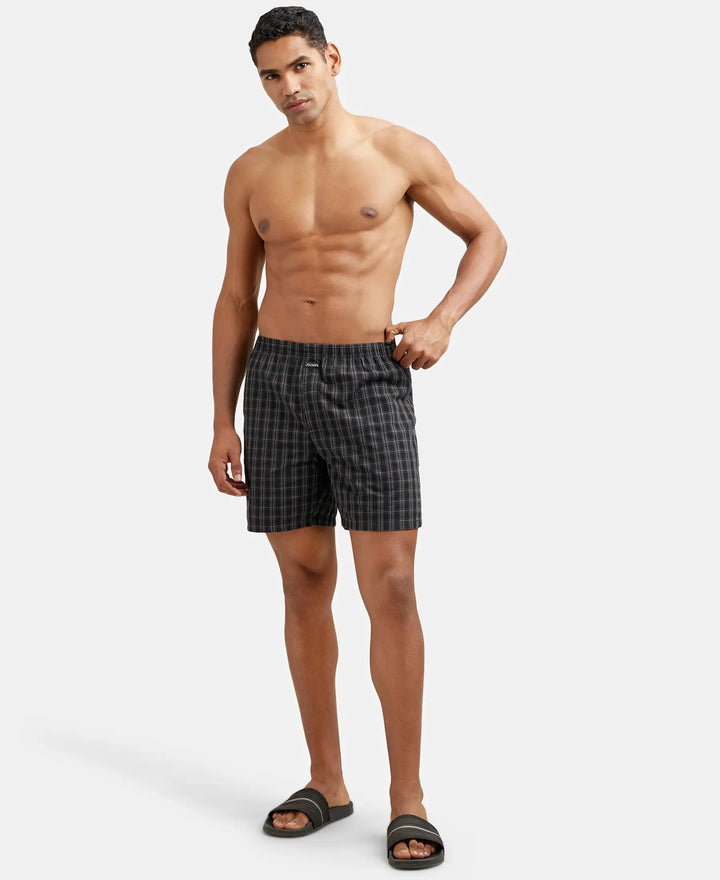 Super Combed Mercerized Cotton Woven Checkered Boxer Shorts with Side Pocket - Navy & Black(Pack of 2)