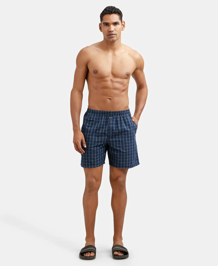 Super Combed Mercerized Cotton Woven Checkered Boxer Shorts with Side Pocket - Navy & Black(Pack of 2)