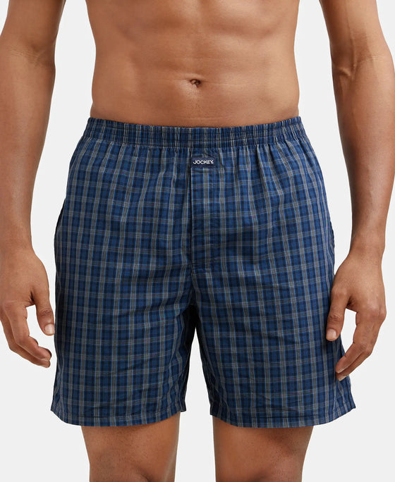 Super Combed Mercerized Cotton Woven Checkered Boxer Shorts with Side Pocket - Navy & Black(Pack of 2)