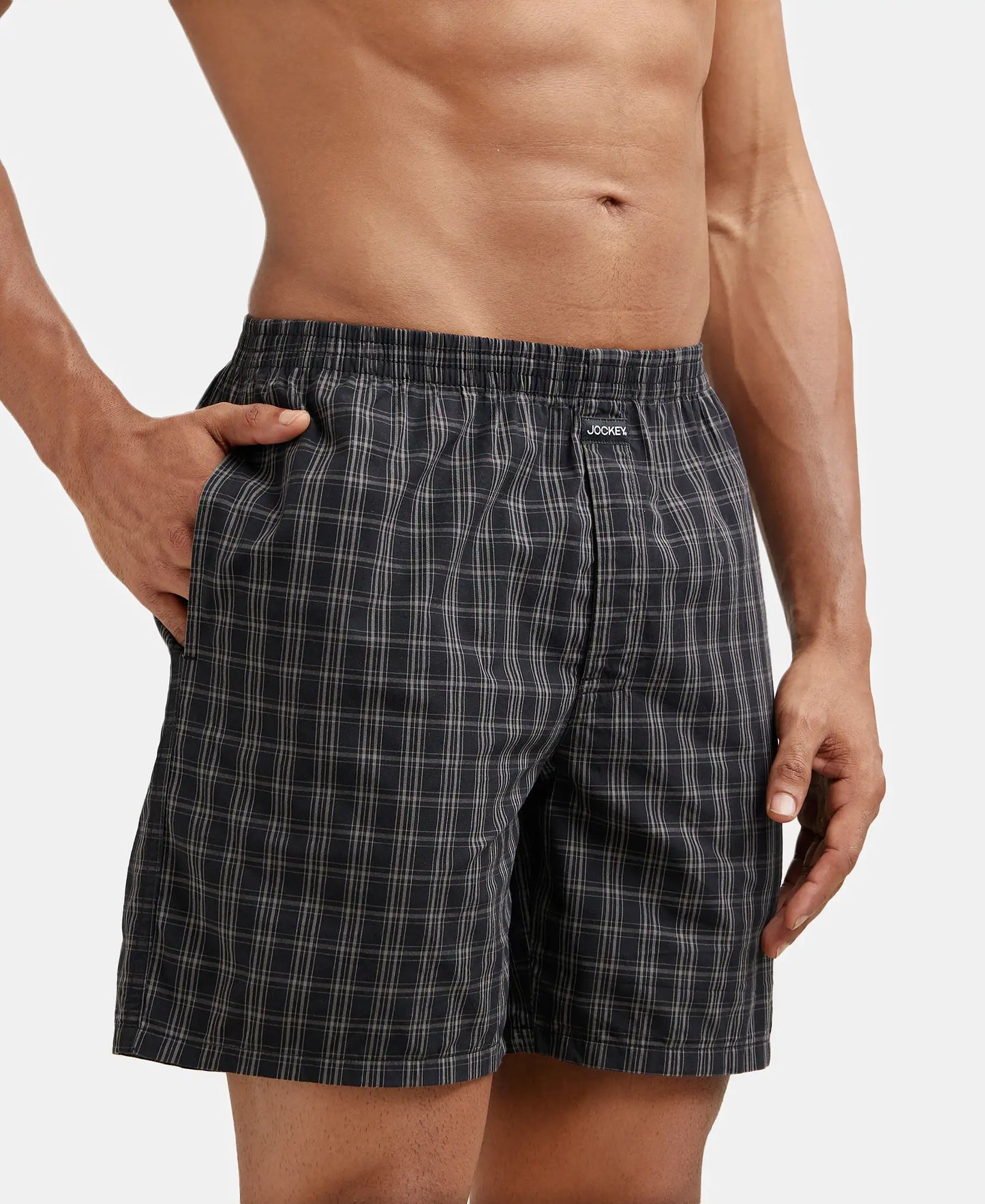 Super Combed Mercerized Cotton Woven Checkered Boxer Shorts with Side Pocket - Navy & Black(Pack of 2)