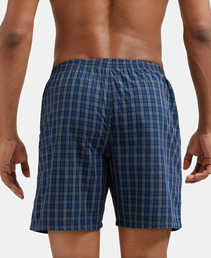 Super Combed Mercerized Cotton Woven Checkered Boxer Shorts with Side Pocket - Navy & Black(Pack of 2)