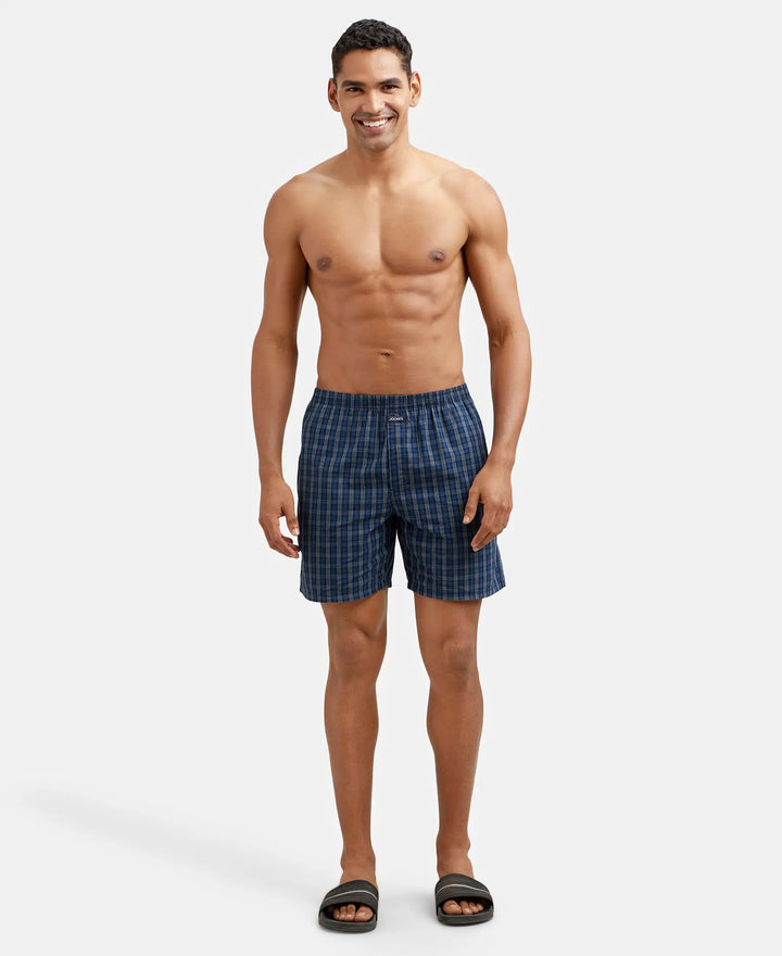 Super Combed Mercerized Cotton Woven Checkered Boxer Shorts with Side Pocket - Navy & Black(Pack of 2)