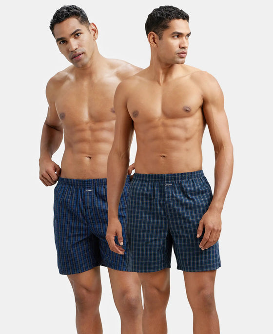 Super Combed Mercerized Cotton Woven Checkered Boxer Shorts with Side Pocket - Navy(Pack of 2)