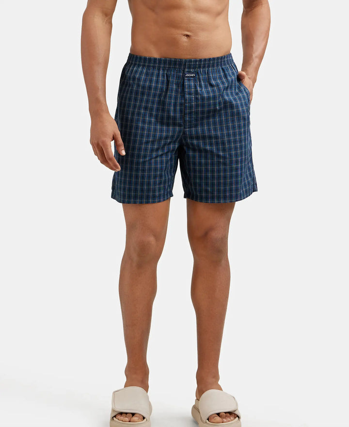 Super Combed Mercerized Cotton Woven Checkered Boxer Shorts with Side Pocket - Navy(Pack of 2)