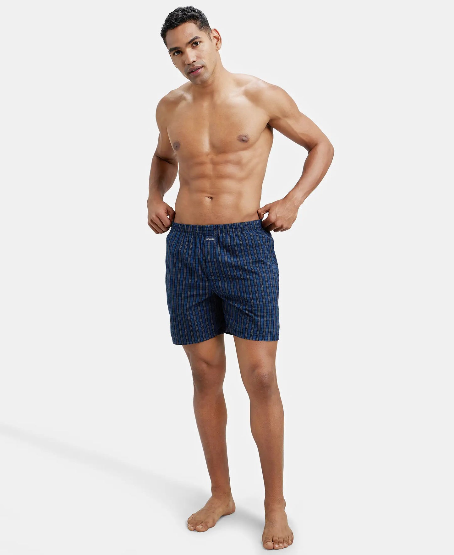 Super Combed Mercerized Cotton Woven Checkered Boxer Shorts with Side Pocket - Navy(Pack of 2)