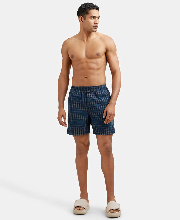 Super Combed Mercerized Cotton Woven Checkered Boxer Shorts with Side Pocket - Navy(Pack of 2)