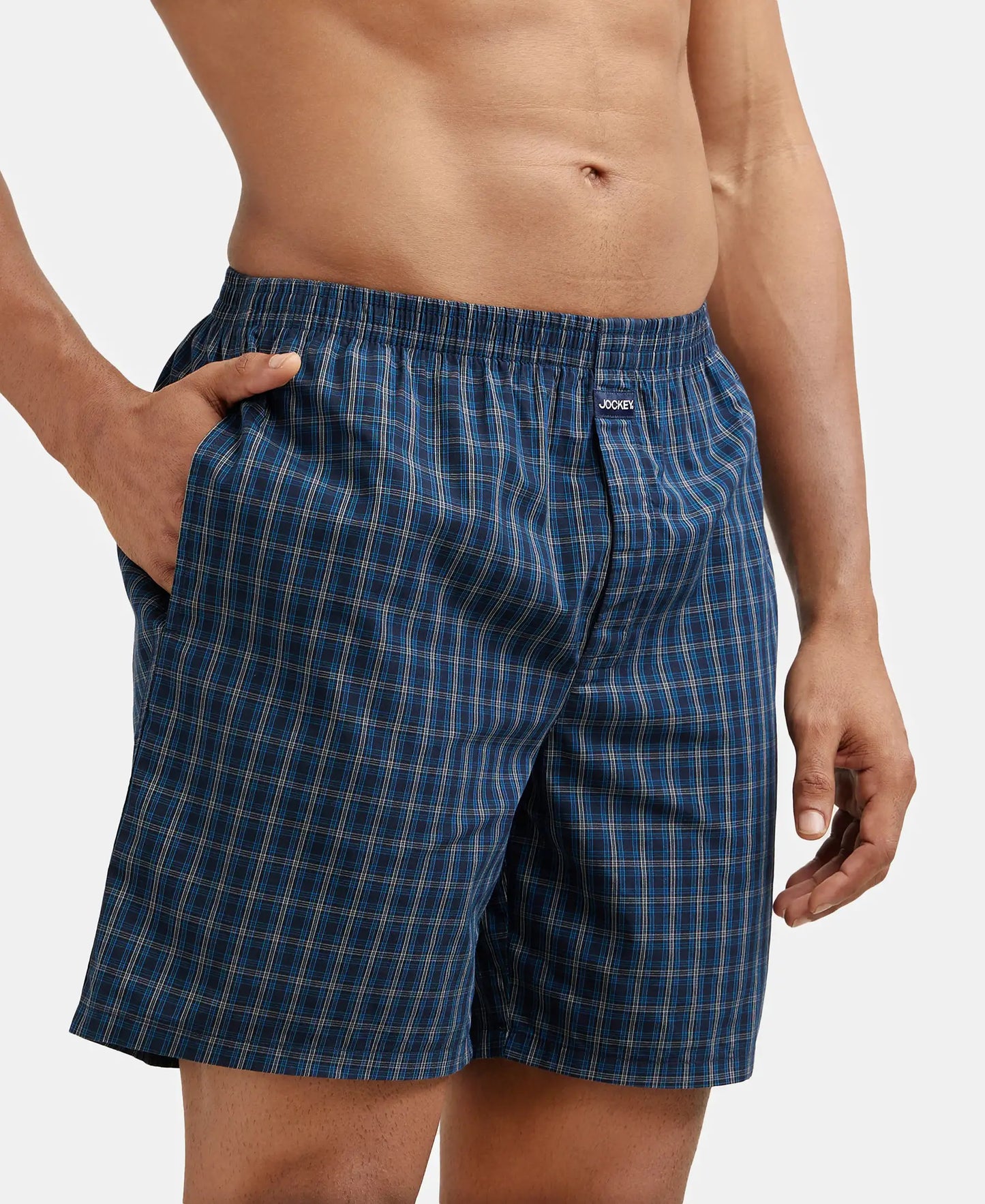 Super Combed Mercerized Cotton Woven Checkered Boxer Shorts with Side Pocket - Navy(Pack of 2)