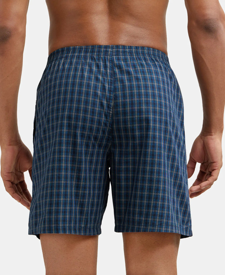 Super Combed Mercerized Cotton Woven Checkered Boxer Shorts with Side Pocket - Navy(Pack of 2)