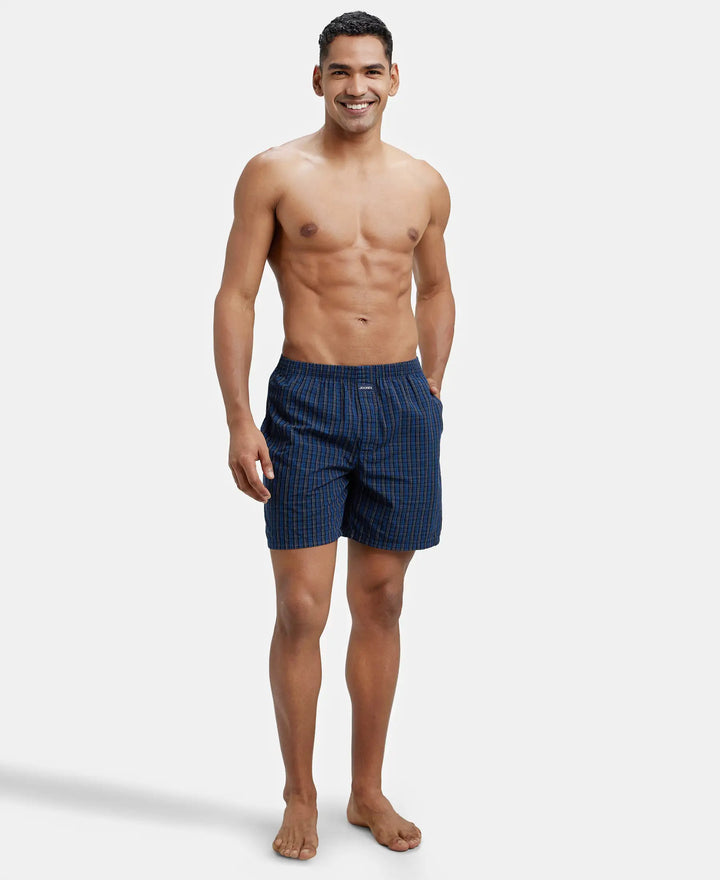 Super Combed Mercerized Cotton Woven Checkered Boxer Shorts with Side Pocket - Navy(Pack of 2)