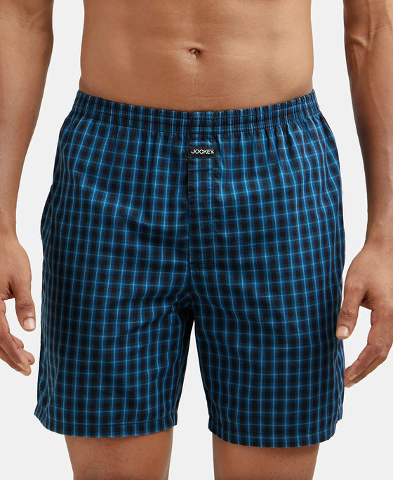 Super Combed Mercerized Cotton Woven Checkered Boxer Shorts with Side Pocket - Seaport Teal & Black(Pack of 2)