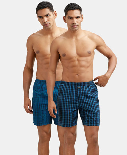 Super Combed Mercerized Cotton Woven Checkered Boxer Shorts with Side Pocket - Seaport Teal & Black(Pack of 2)
