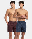 Super Combed Mercerized Cotton Woven Checkered Boxer Shorts with Side Pocket - Tawny Port & Vintage Indigo (Pack of 2)