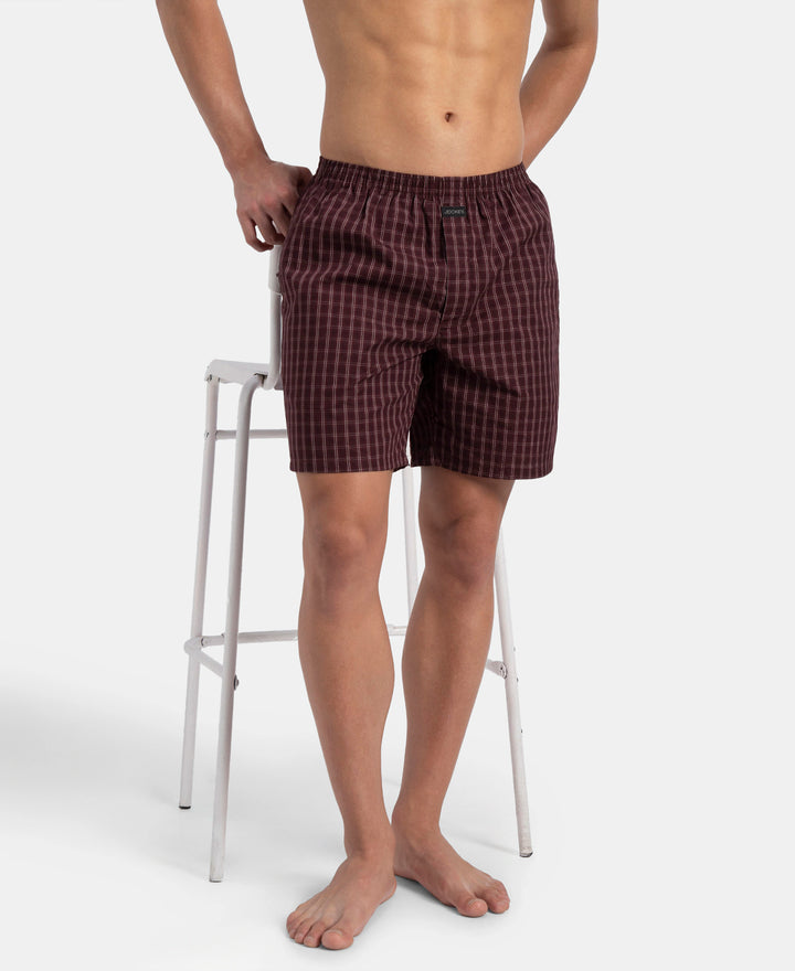 Super Combed Mercerized Cotton Woven Checkered Boxer Shorts with Side Pocket - Tawny Port & Vintage Indigo (Pack of 2)