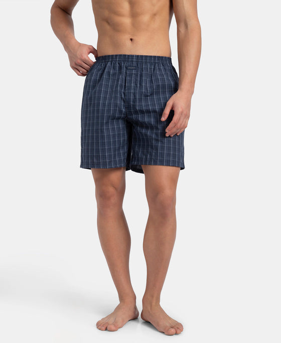 Super Combed Mercerized Cotton Woven Checkered Boxer Shorts with Side Pocket - Tawny Port & Vintage Indigo (Pack of 2)