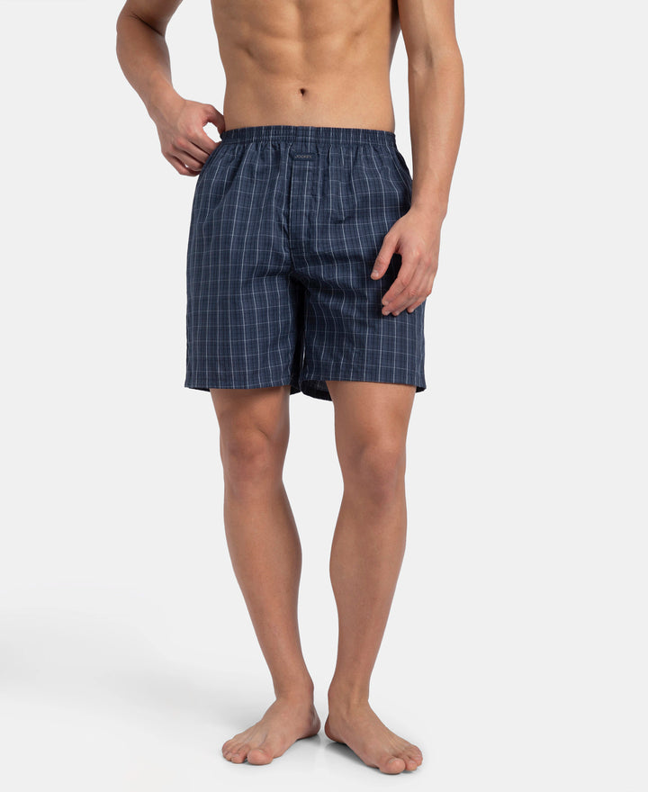 Super Combed Mercerized Cotton Woven Checkered Boxer Shorts with Side Pocket - Tawny Port & Vintage Indigo (Pack of 2)