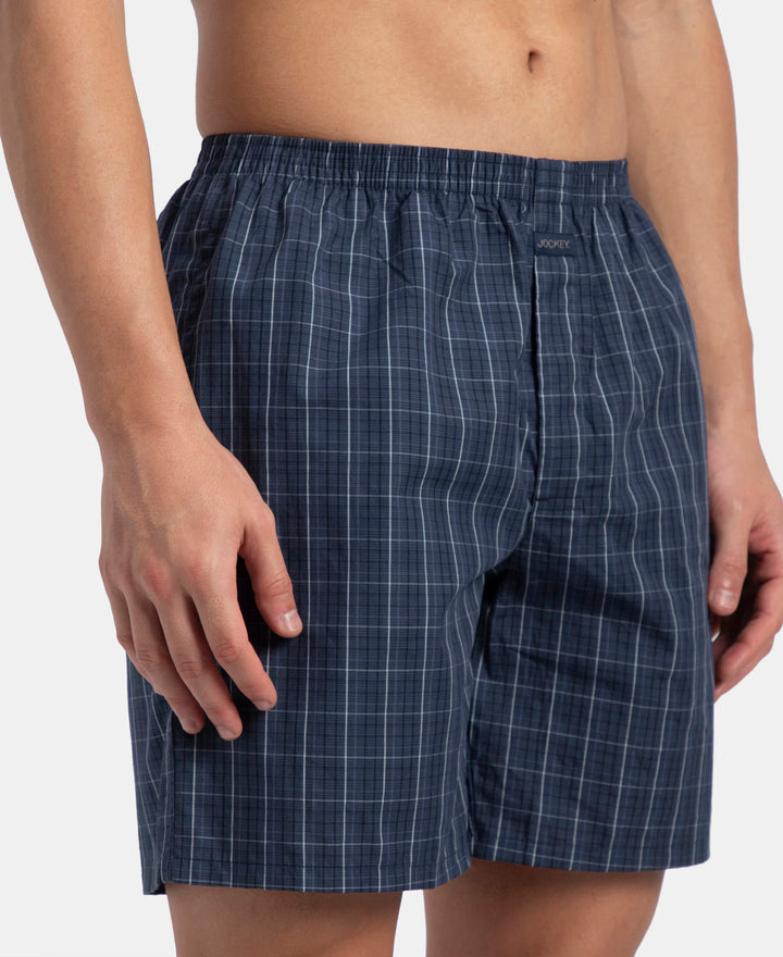 Super Combed Mercerized Cotton Woven Checkered Boxer Shorts with Side Pocket - Tawny Port & Vintage Indigo (Pack of 2)