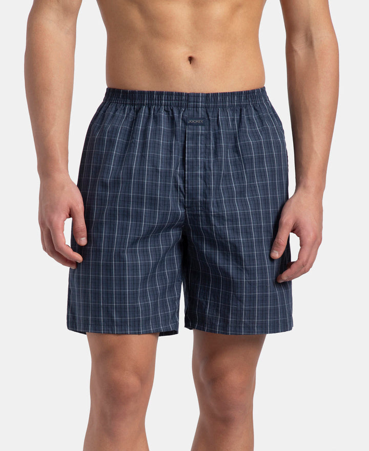 Super Combed Mercerized Cotton Woven Checkered Boxer Shorts with Side Pocket - Tawny Port & Vintage Indigo (Pack of 2)