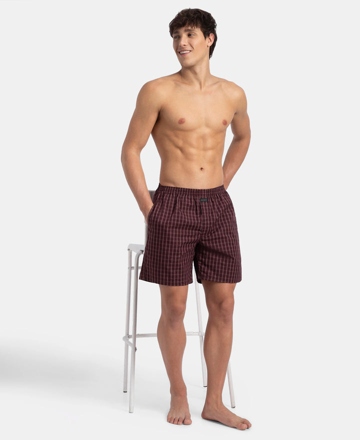 Super Combed Mercerized Cotton Woven Checkered Boxer Shorts with Side Pocket - Tawny Port & Vintage Indigo (Pack of 2)