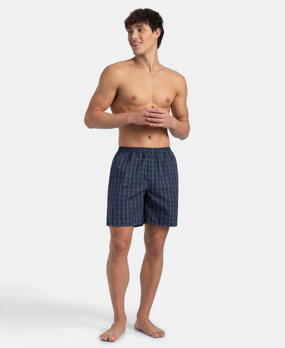 Super Combed Mercerized Cotton Woven Checkered Boxer Shorts with Side Pocket - Tawny Port & Vintage Indigo (Pack of 2)