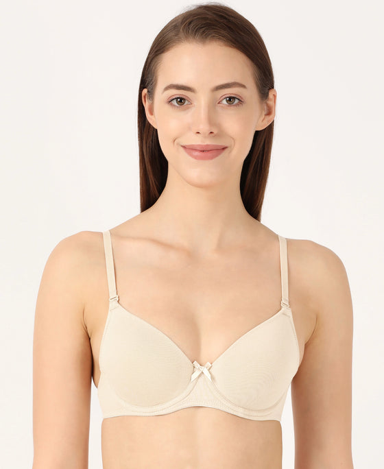 Under-Wired Padded Super Combed Cotton Elastane Stretch Medium Coverage T-Shirt Bra with Detachable Straps - Birch