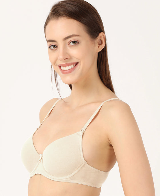 Under-Wired Padded Super Combed Cotton Elastane Stretch Medium Coverage T-Shirt Bra with Detachable Straps - Birch