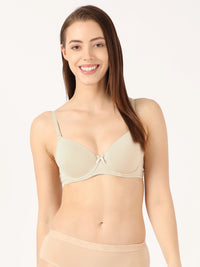 Under-Wired Padded Super Combed Cotton Elastane Stretch Medium Coverage T-Shirt Bra with Detachable Straps - Birch