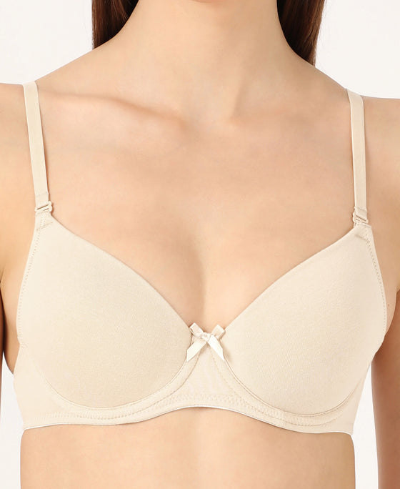 Under-Wired Padded Super Combed Cotton Elastane Stretch Medium Coverage T-Shirt Bra with Detachable Straps - Birch