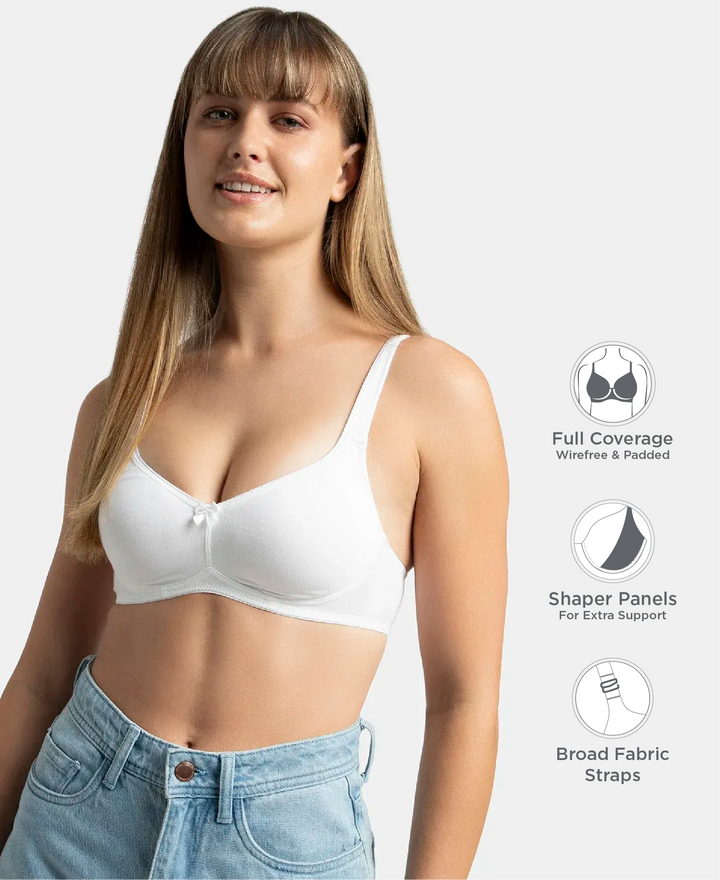 Wirefree Non Padded Plus Size Super Combed Cotton Elastane Stretch Full Coverage Everyday Bra with Contoured Shaper Panel and Adjustable Straps - White