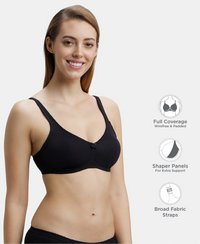 Wirefree Non Padded Plus Size Super Combed Cotton Elastane Stretch Full Coverage Everyday Bra with Contoured Shaper Panel and Adjustable Straps - Black