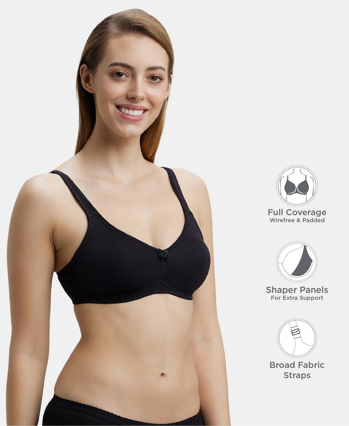 Wirefree Non Padded Plus Size Super Combed Cotton Elastane Stretch Full Coverage Everyday Bra with Contoured Shaper Panel and Adjustable Straps - Black