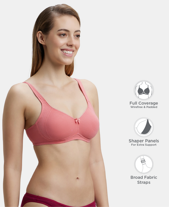 Wirefree Non Padded Plus Size Super Combed Cotton Elastane Stretch Full Coverage Everyday Bra with Contoured Shaper Panel and Adjustable Straps - Blush Pink